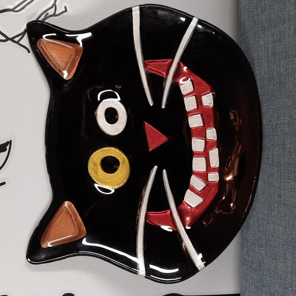 Whimsical Black Cat Face Plate Platter Candy Dish Serveware Halloween *AsIs - Picture 1 of 5